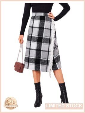 Wool Blend Plaid Wrap Midi Skirt A-Line Fringe Slit Casual Fall Winter